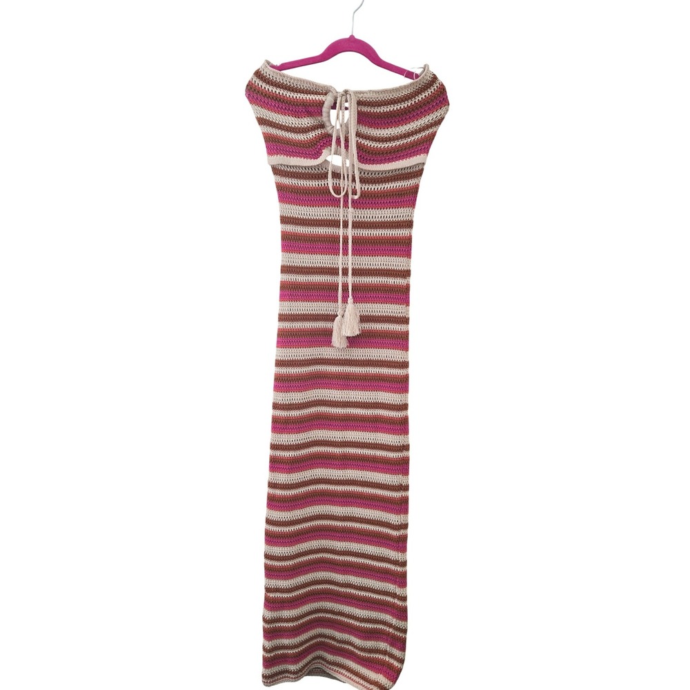 Dress Forum Crochet Maxi Dress Small‎ Pink Striped Strapless Boho Tassel Beach
